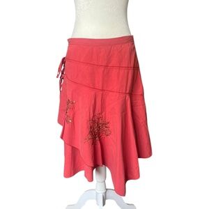 Vintage Tiered Coral Skirt | Y2K Boho Embroidered Cotton Asymmetrical Medium